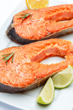 Studio shot of crispy roasted salmon steakの写真素材