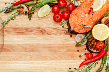 Studio shot of crispy roasted salmon steakの写真素材