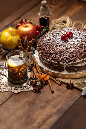 Homemade chocolate pie on vintage wooden backgroundの写真素材