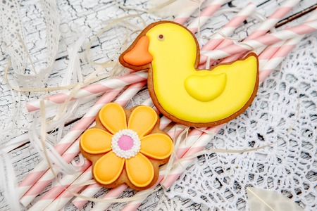 Christmas homemade gingerbread cookies on wooden backgroundの写真素材