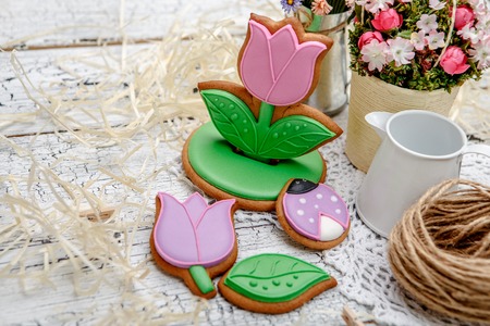 Christmas homemade gingerbread cookies on wooden backgroundの写真素材