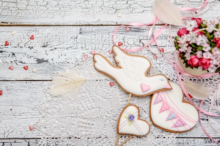 Christmas homemade gingerbread cookies on wooden backgroundの写真素材