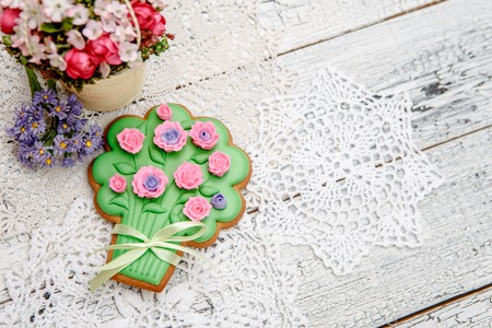 Christmas homemade gingerbread cookies on wooden backgroundの写真素材