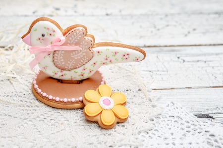 Christmas homemade gingerbread cookies on wooden backgroundの写真素材