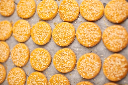 Homemade Food - crunchy cheese biscuits on wooden backgroundの写真素材