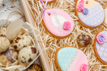 Beautiful glazed Easter cookiesの写真素材