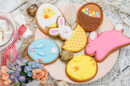 Beautiful glazed Easter cookiesの写真素材
