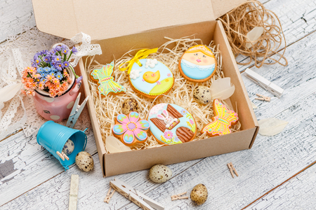 Beautiful glazed Easter cookiesの写真素材