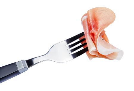 Italian prosciutto crudo or spanish jamon. Raw ham on white background.