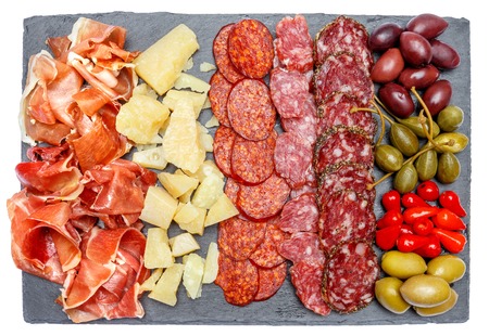 Meat and cheese plate with salami sausage, chorizo, parma and parmesan cheeseの写真素材