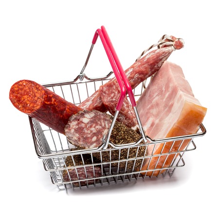 Salami smoked sausage in shopping cart on white backgroundの写真素材