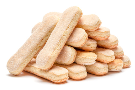 Traditional Italian Savoiardi ladyfingers Biscuits on White Backgroundの写真素材