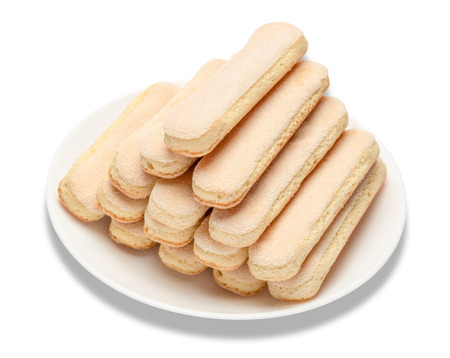 Traditional Italian Savoiardi ladyfingers Biscuits on White Backgroundの写真素材