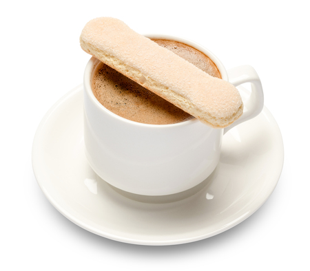White ceramic cup of coffee with a savoiardi ladyfinger cookie on a plateの写真素材