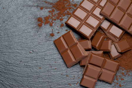 Dark or milk organic chocolate pieces and cocoa powder on dark concrete backgoundの写真素材