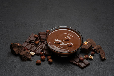glass bowl of chocolate cream or melted chocolate, pieces of chocolate and hazelnuts on dark...