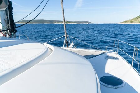 Catamaran sailing at sea in Croatia, Europeの写真素材