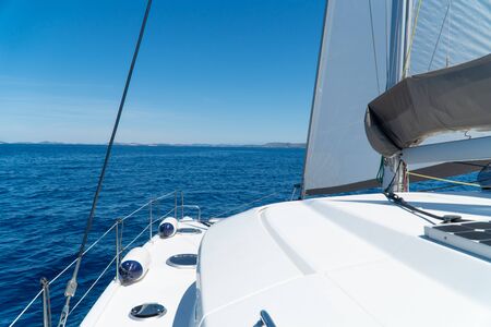 Catamaran sailing at sea in Croatia, Europeの写真素材