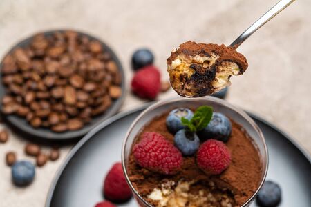 Classic tiramisu dessert portion with blueberries and raspberries in a glass cup on concrete...
