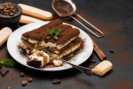 portion of Classic tiramisu dessert and savoiardi cookies on concrete background