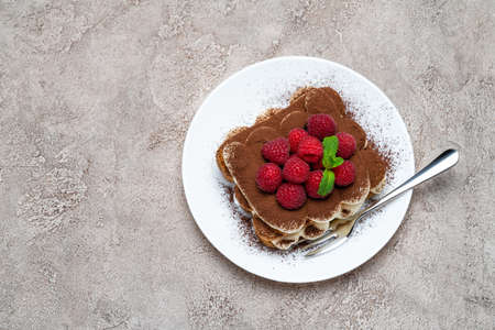portion of Classic tiramisu dessert with raspberries on grey concrete backgroundの写真素材