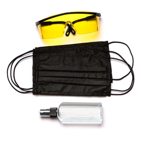 Safety equipment to fight to Coronavirus COVID-19 virus outbreak - Safety mask, hand sanitizer,...