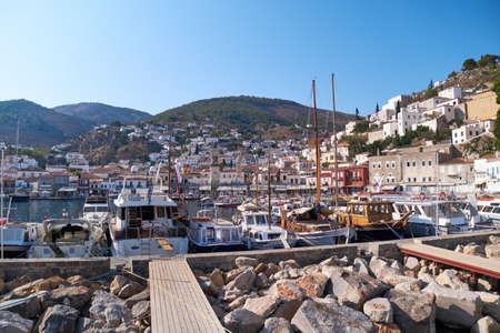 view from the sea to the Hydra marina sea port, Greeceの写真素材
