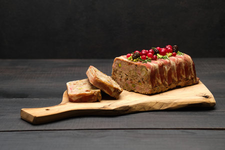 Traditional French terrine covered with bacon on dark wooden backgroundの写真素材