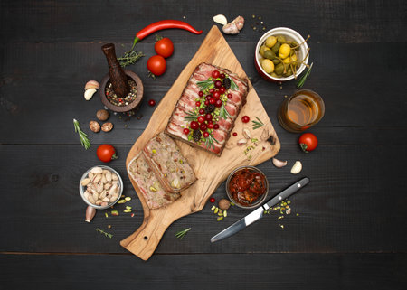 Traditional French terrine covered with bacon on dark wooden background