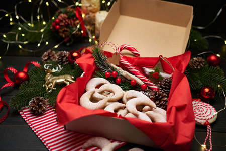 Gift box full of Traditional German or Austrian Vanillekipferl vanilla kipferl cookiesの写真素材