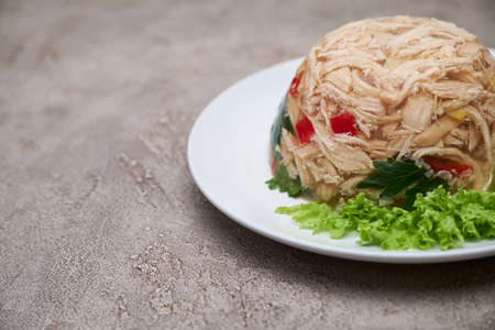 Delicious chicken aspic on a plate on concrete tableの写真素材