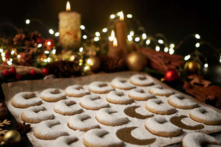 Traditional German or Austrian Vanillekipferl vanilla kipferl cookies on wooden table. High quality photoの写真素材
