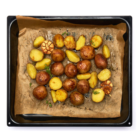 Spicy baked potato in tray with rosemary and garlic on parchment layerの写真素材