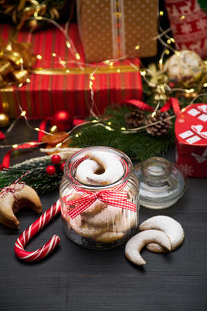 Can full of Traditional German or Austrian Vanillekipferl vanilla kipferl cookiesの写真素材