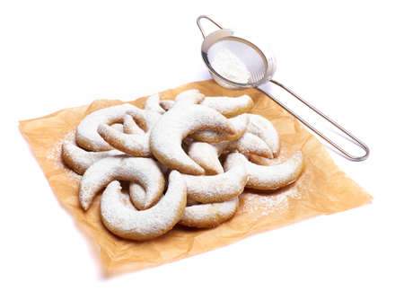 Traditional German or Austrian Vanillekipferl vanilla kipferl cookies isolated on white backgroundの写真素材