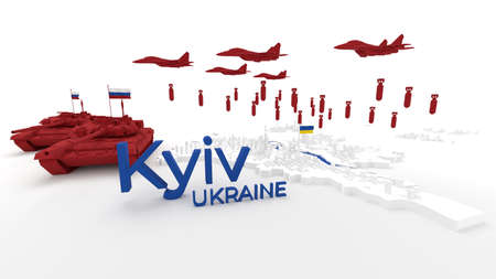 3d stylized schemitic map of Kyiv Kiev capital cyty of Ukraine surrounded with russian tanks and planesの写真素材