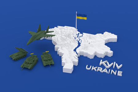 3d stylized schemitic map of Kyiv Kiev capital cyty of Ukraine surrounded with russian tanks and planesの写真素材