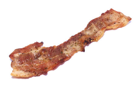 Cooked slices of bacon isolated on white backgroundの写真素材