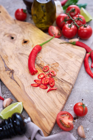 Fresh red chili peppers round slices on wooden cutting board at domestic kitchenの写真素材