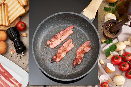 Frying bacon on a pan on induction hob at domestic kitchenの写真素材