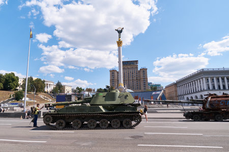 Kyiv, Ukraine - August, 2022: War in Ukraine - Exhibition of destroyed Russian military equipment as a result of Russias full-scale military aggression against Ukraineのeditorial素材