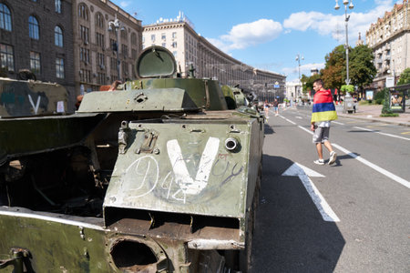 Kyiv, Ukraine - August, 2022: War in Ukraine - Exhibition of destroyed Russian military equipment as a result of Russias full-scale military aggression against Ukraineのeditorial素材