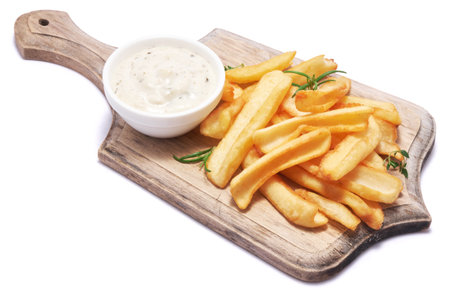 French fries potatoes on wooden serving board isolated on white background