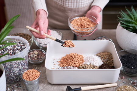 soil substrate preparation for transplanting houseplants on concrete backgroundの写真素材