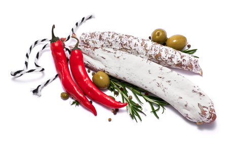 Spanish Fuet thin dried salami sausage isolated on a white backgroundの写真素材