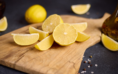 Sliced lemon fruit on a wooden cutting board at domestic kitchenの写真素材