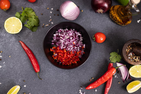 Cooking mango salsa - sliced chopped ingredients in a black ceramic bowlの写真素材
