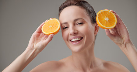 Beauty, health, cosmetics, anti-aging therapy and skin care concept - young beautiful brunette Caucasian woman holding half a orange, concept of freshness, vitamins and nutrientsの写真素材