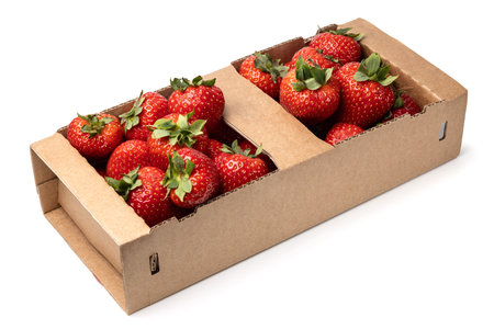 Healthy food and ingredients - Cardboard box full of natural organic ripe strawberries isolated on white background with built-in cutout outlineの写真素材