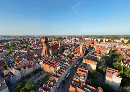 Aerial photo taken by drone over the historic tourist center of Gdansk, the city hall and the...